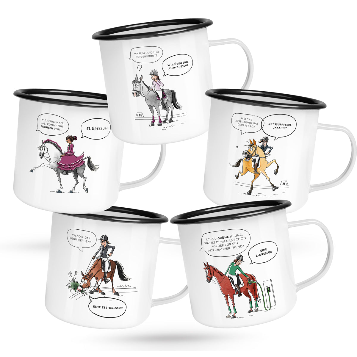 Emaille-Tassen Set "Dressur-Edition" | 5-teilig