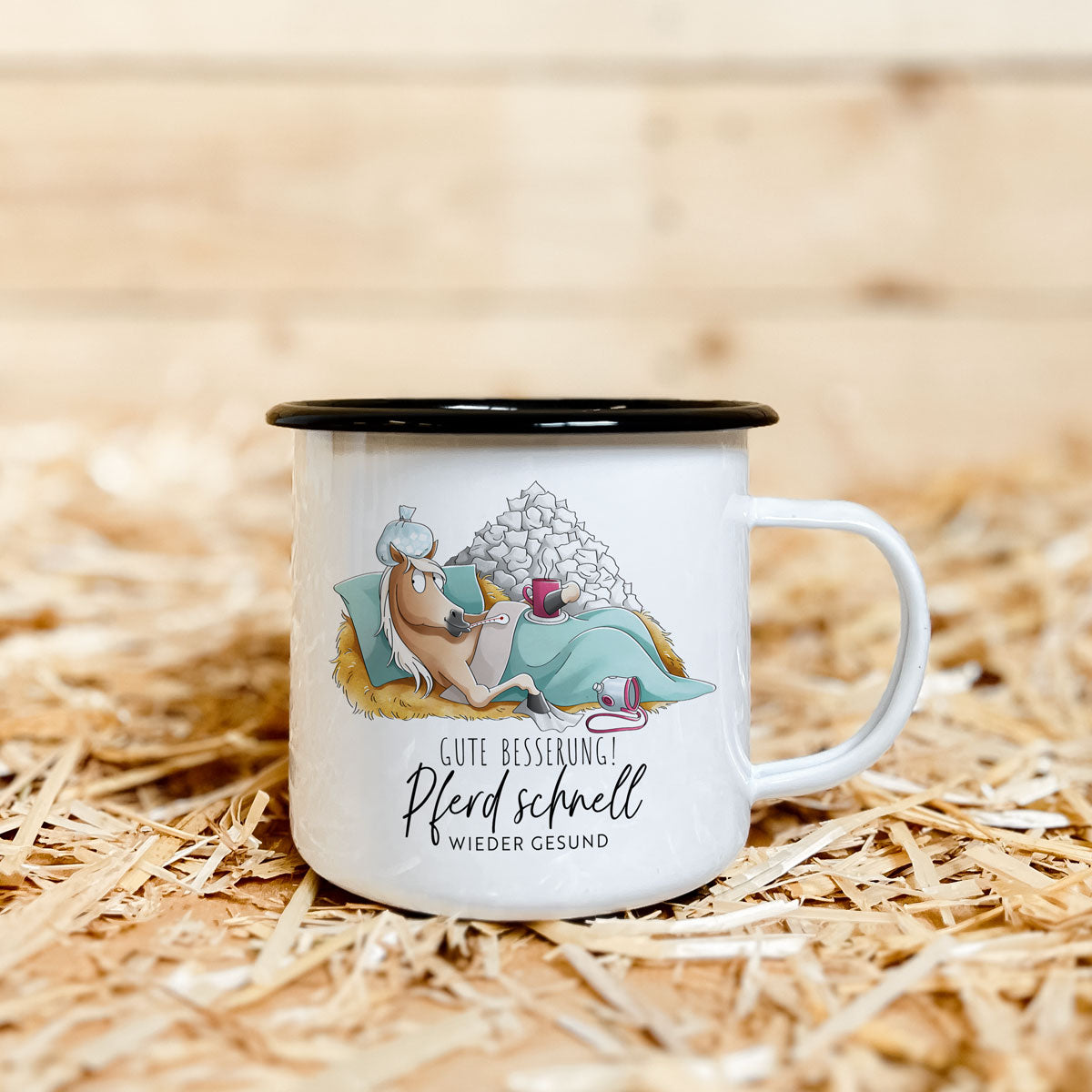Emaille-Tasse "Pferd schnell wieder gesund"