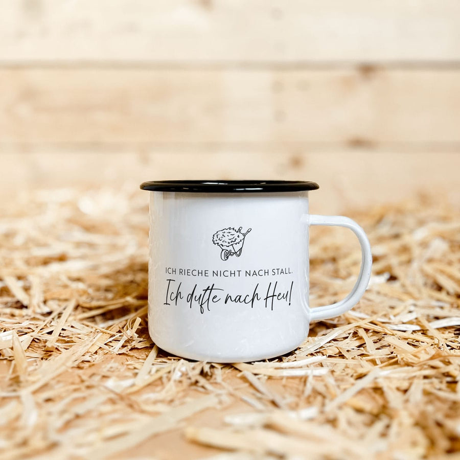 Emaille-Tasse "Ich dufte nach Heu"