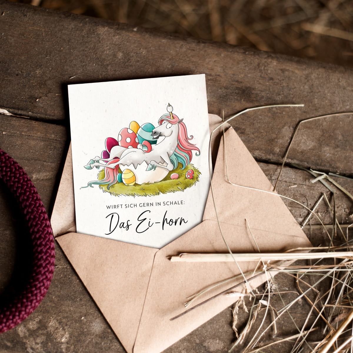 Strohpapier-Postkarte "Ei-horn"