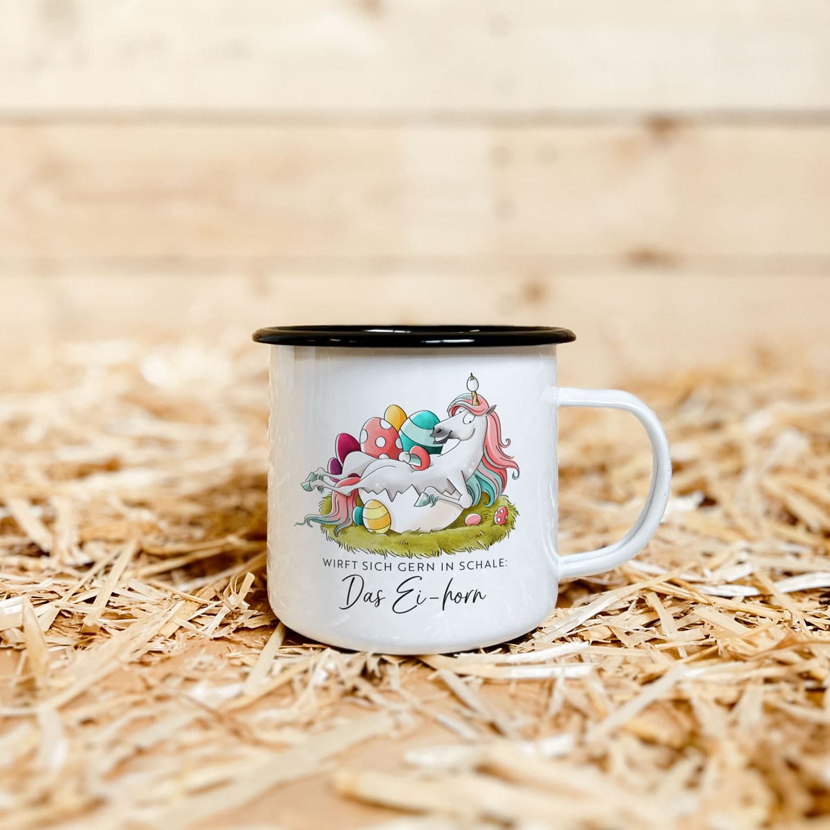 Emaille-Tasse "Ei-horn"