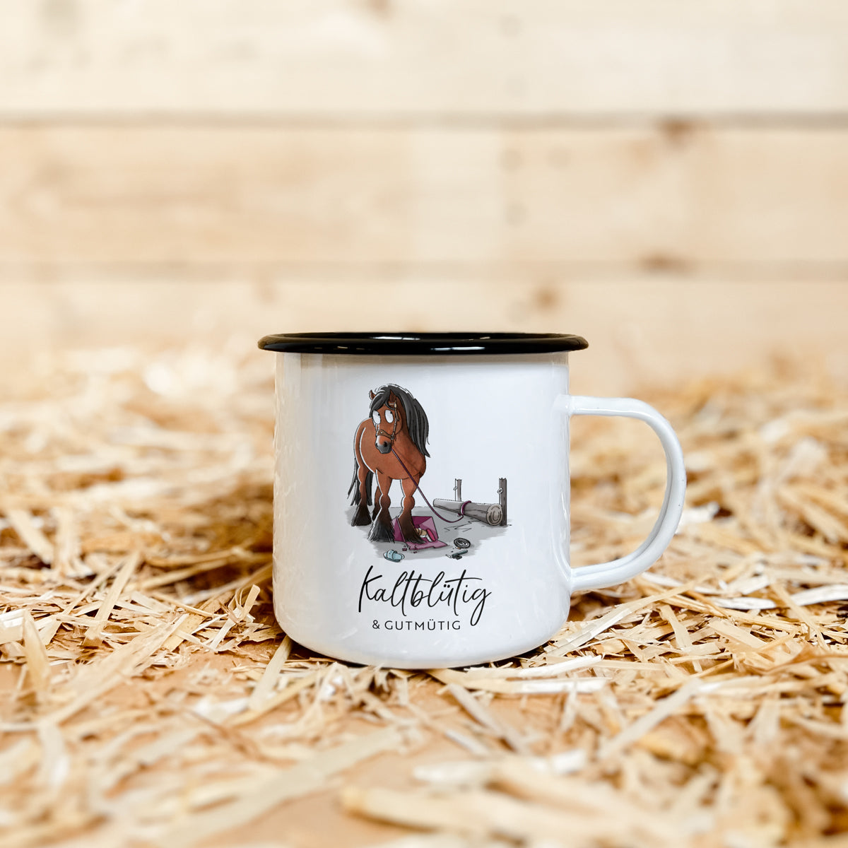 Emaille-Tasse "Kaltblütig & gutmütig"