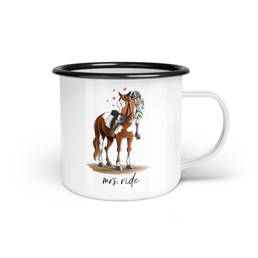 Emaille-Tasse "Mrs. ride"