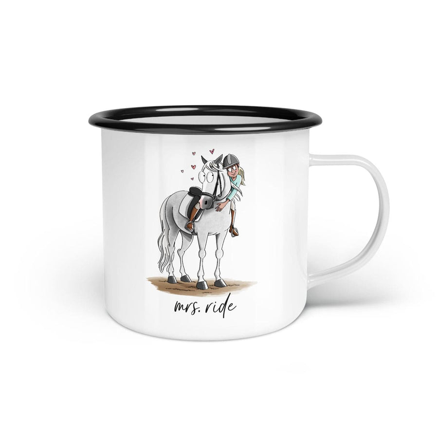 Emaille-Tasse "Mrs. ride"