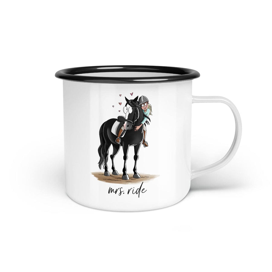 Emaille-Tasse "Mrs. ride"