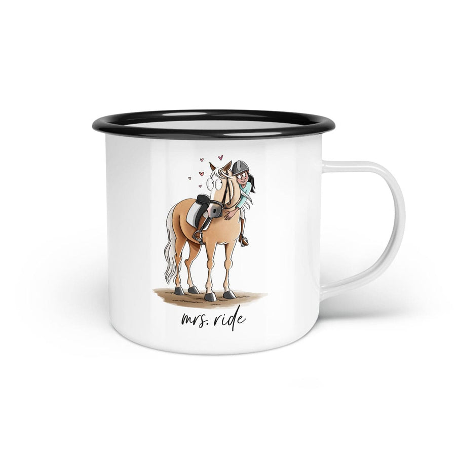 Emaille-Tasse "Mrs. ride"