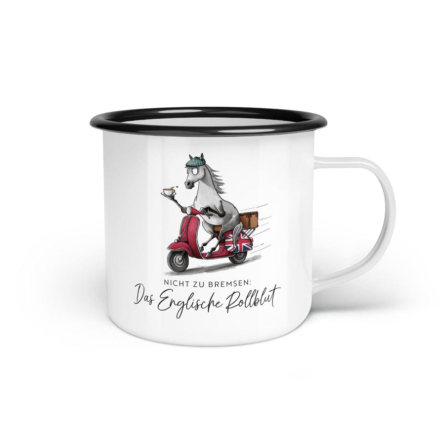 Emaille-Tasse "Englisches Rollblut"