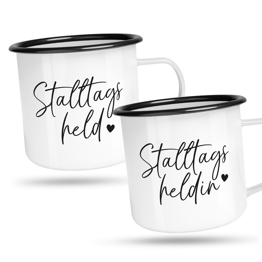 Emaille-Tassen-Set "Stalltagsheldin & Stalltagsheld "