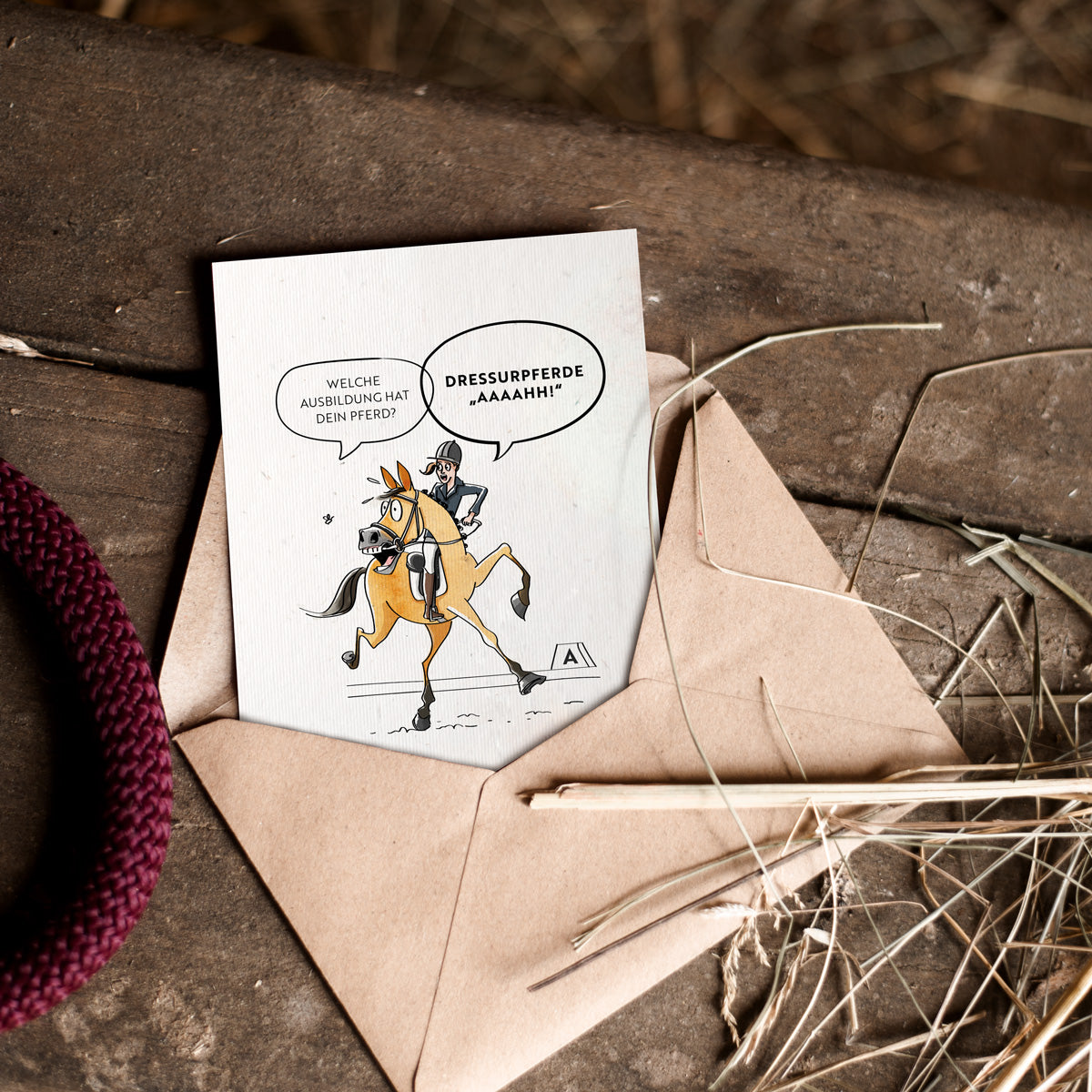 Strohpapier-Postkarte "Dressurpferde Ahh"