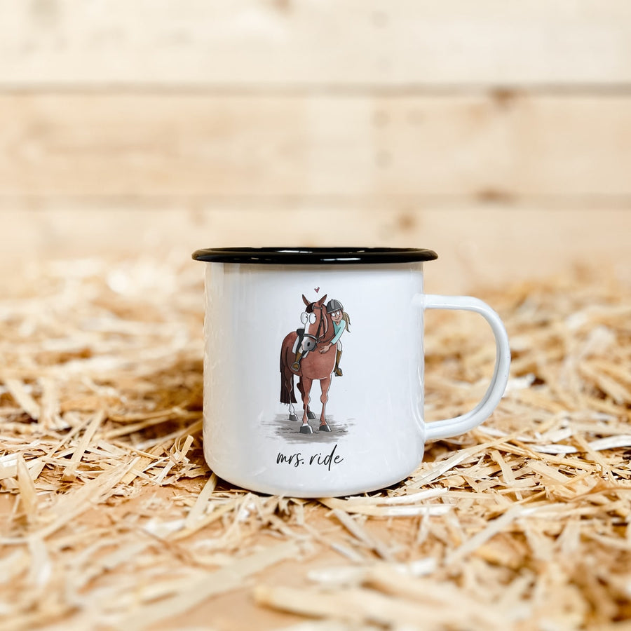 Emaille-Tasse "mrs. ride"